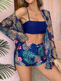 Printed Long Sleeve Three-Piece Bikini Swimsuit