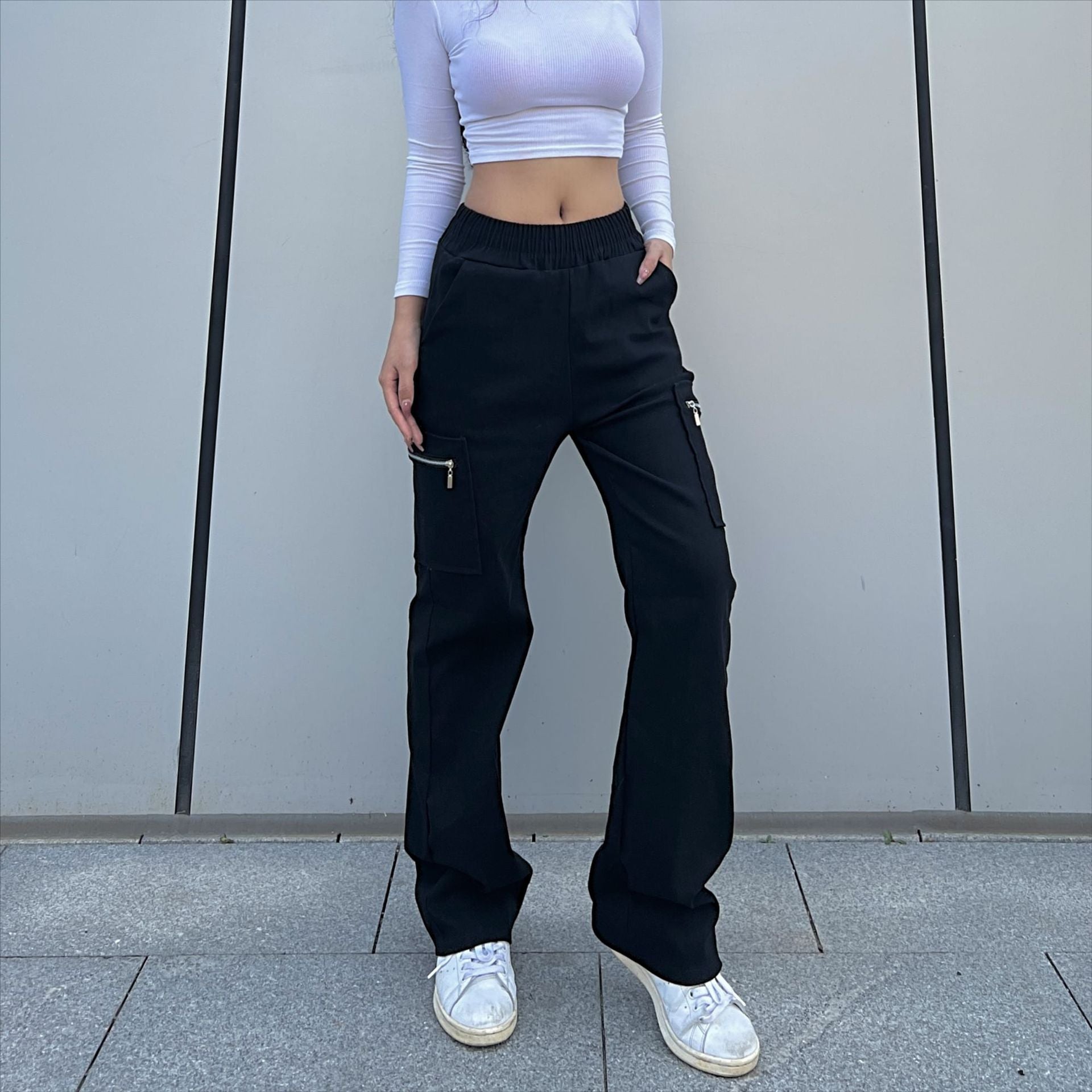 Black Straight Leg Cargo Pants with Zipper Pockets