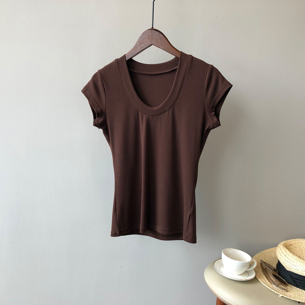 Solid Color U-Neck Slimming Stretch T-Shirt for Women