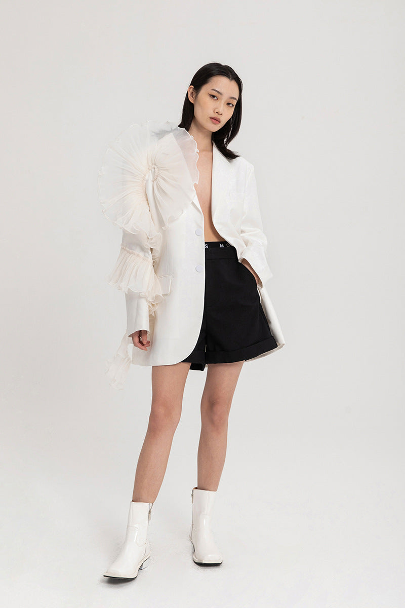 3D Ruffled Asymmetric White Mesh Coat