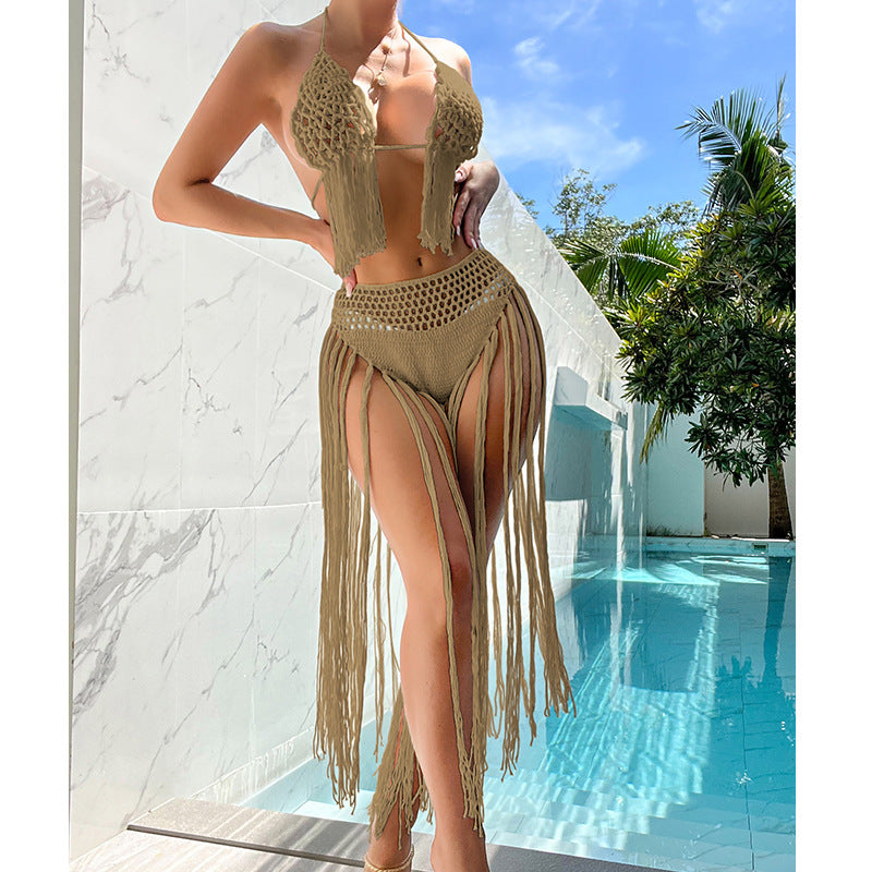 Ensemble bikini dos nu à pompons floraux crochetés à la main
