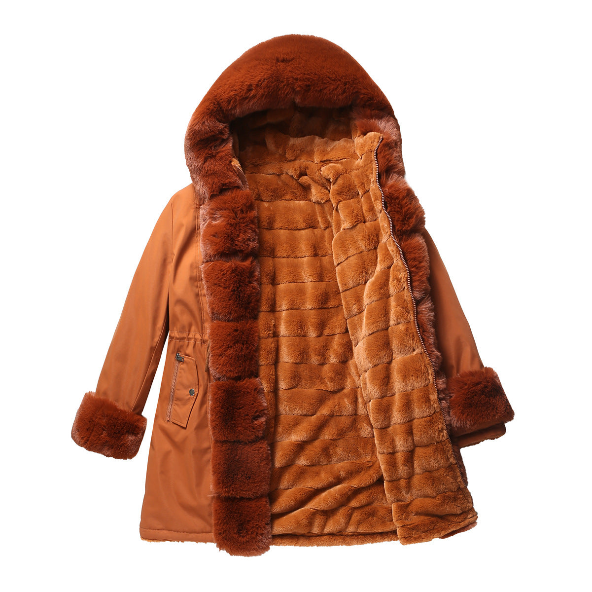 Mid-Length Padded Parka with Fur Collar