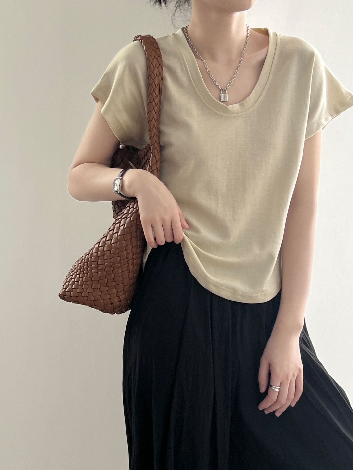 3D U-Neck Short Sleeve Wide-Sleeve Slimming T-Shirt for Women