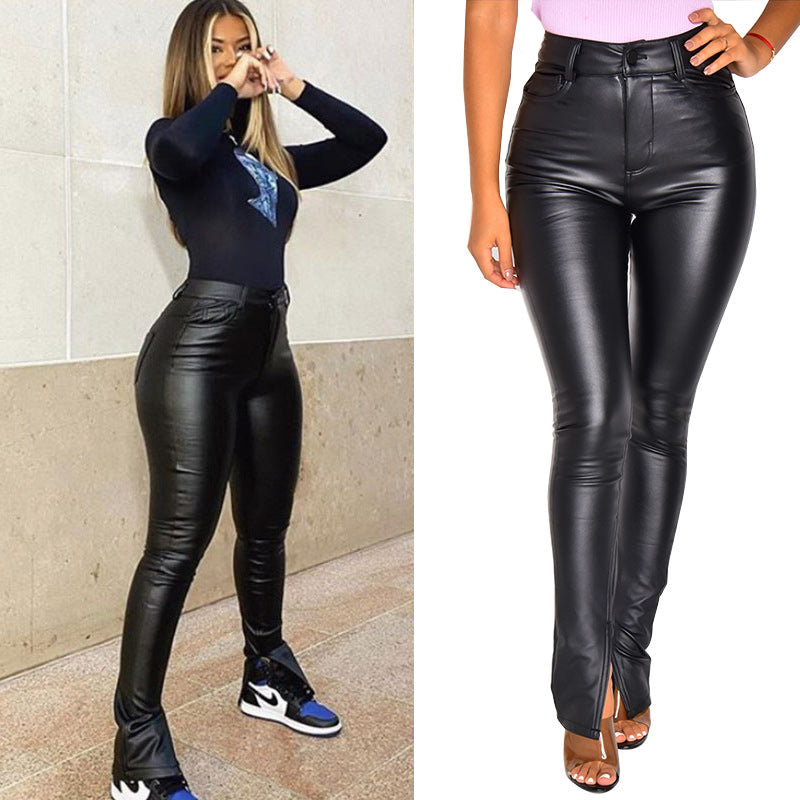 Schwarze Hose mit hoher Taille in Lederoptik