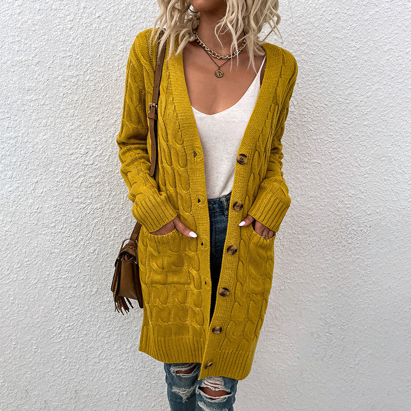 Langer Zopfmuster-Cardigan mit Knöpfen