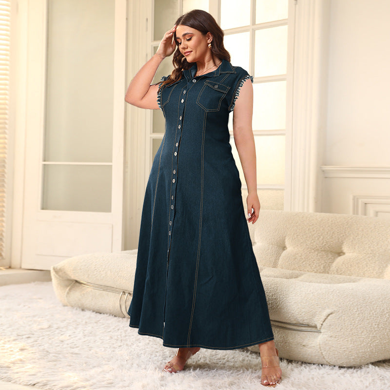Plus Size Denim Button Cardigan Maxi Dress