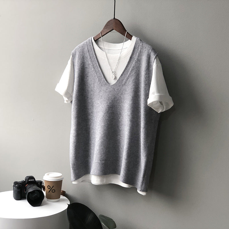 Frühlings-Preppy-V-Ausschnitt, lockere, ärmellose Strickweste für Damen