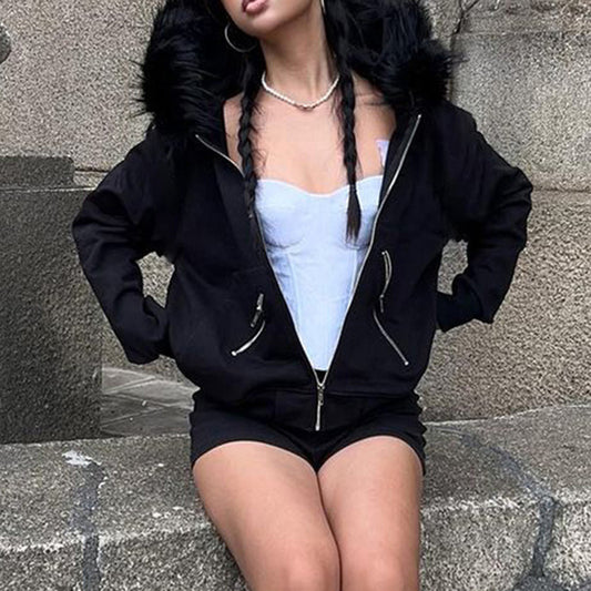 Vintage Zipper Pocket Fur Collar Hoodie Coat for Women
