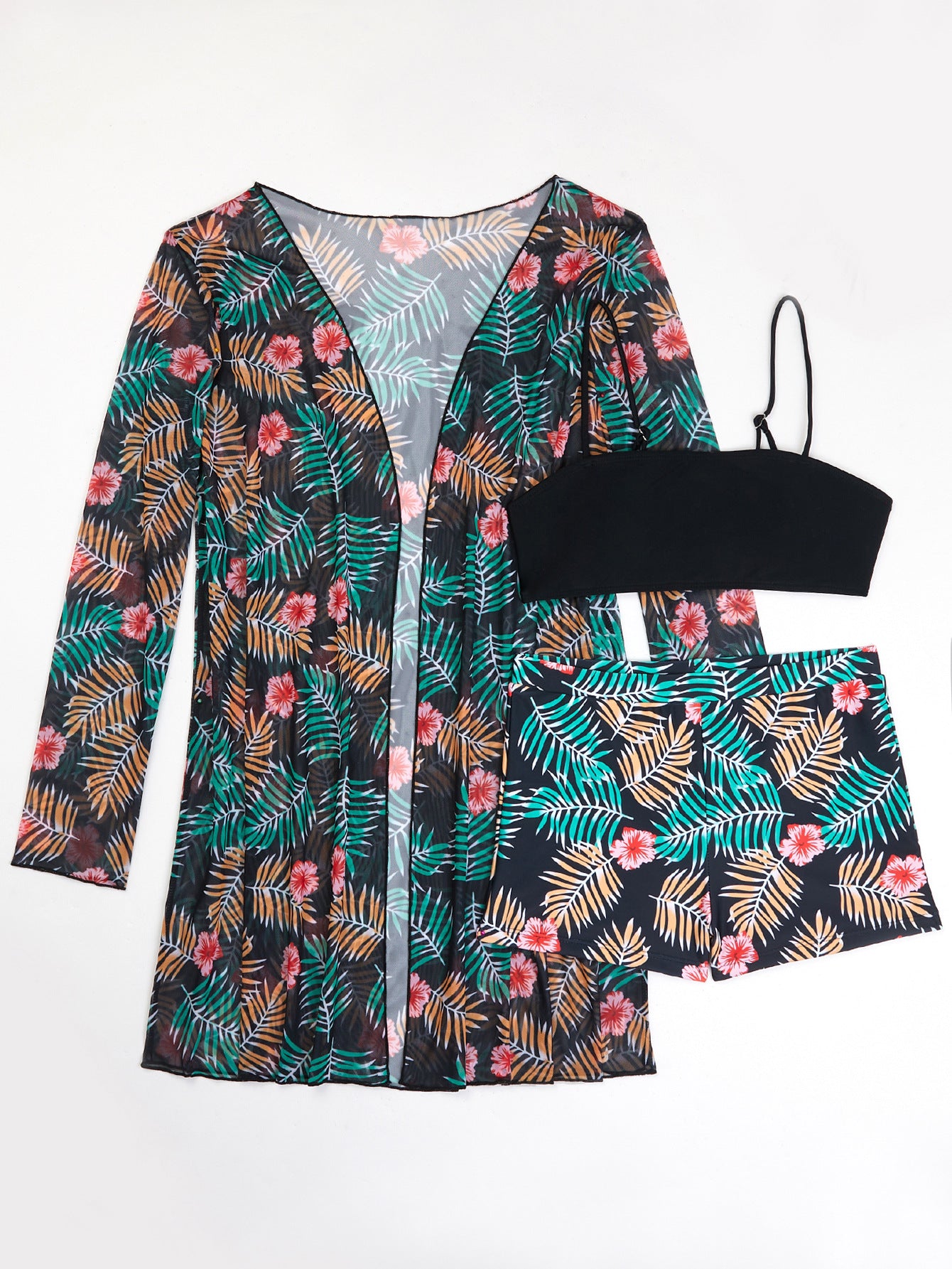 Printed Long Sleeve Three-Piece Bikini Swimsuit