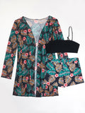 Printed Long Sleeve Three-Piece Bikini Swimsuit