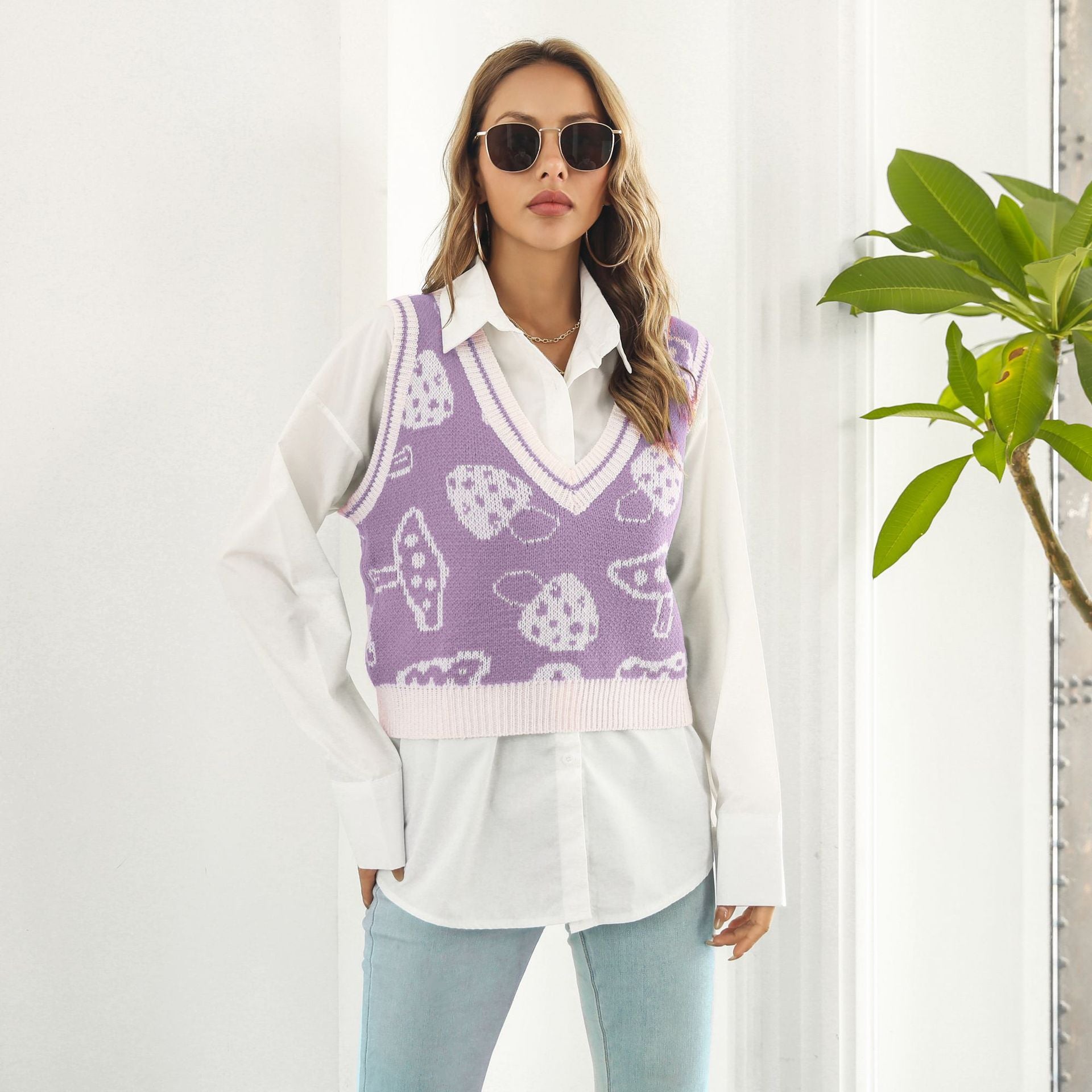 Preppy Süßer Pilz Jacquard Weste Pullover für Damen