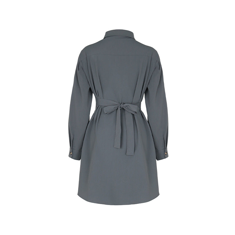 Dark Grey Long Sleeve Solid Color Shirt Dress