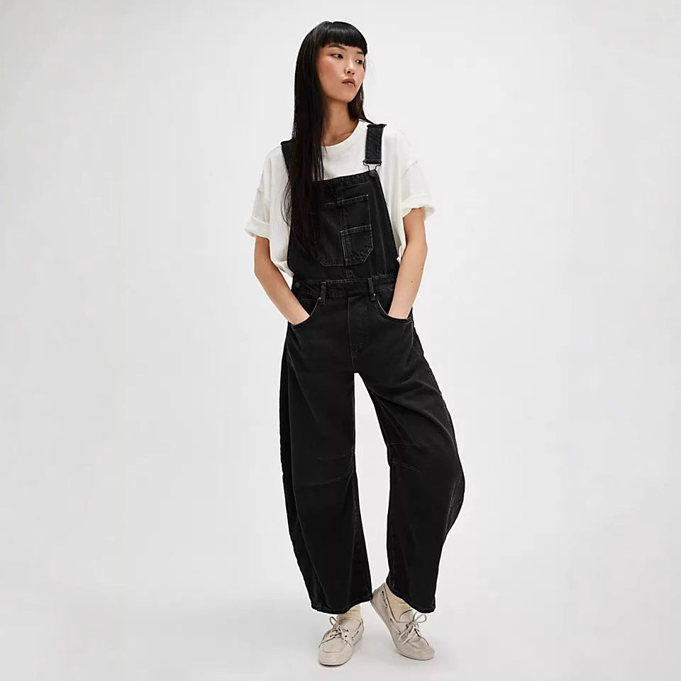 Vintage Washed Loose Cargo Suspender Jeans