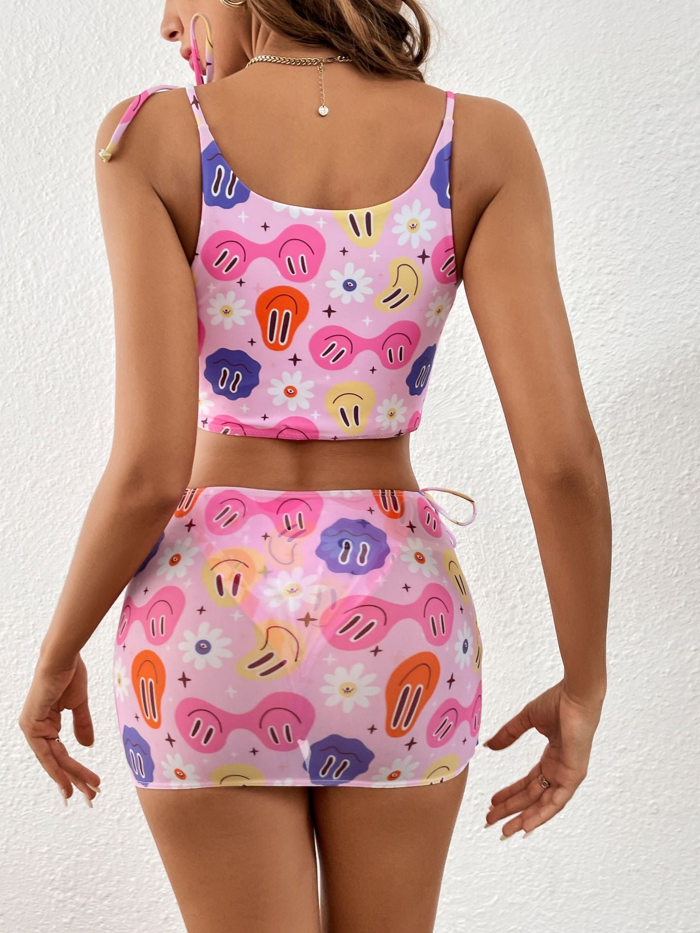 Floral Graphic Ruched Tie Crop Three-Piece Bikini Swimsuit