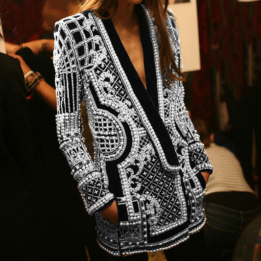 Bubble Beads Printed V-Neck Blazer