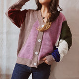 Cardigan décontracté en tricot à simple boutonnage, coutures asymétriques irrégulières et contrastées