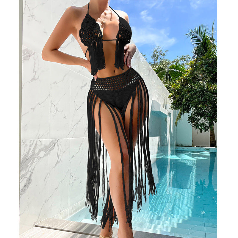 Ensemble bikini dos nu à pompons floraux crochetés à la main