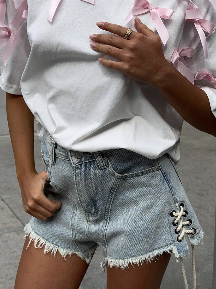 T-shirt décontracté en coton ample avec nœud en ruban pour fille mignonne