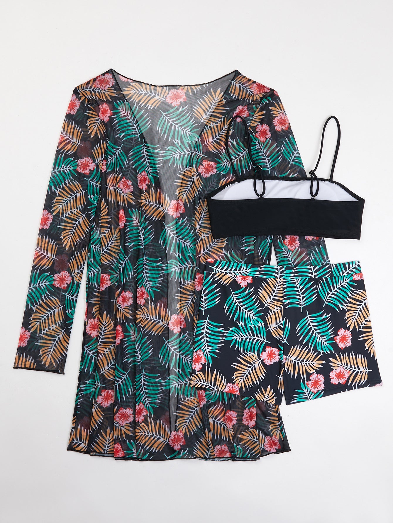 Printed Long Sleeve Three-Piece Bikini Swimsuit