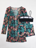 Printed Long Sleeve Three-Piece Bikini Swimsuit