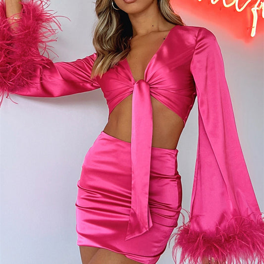 Feather V Neck Satin Hip Skirt Set