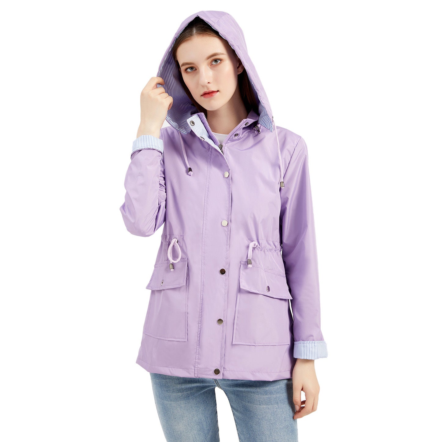 Manteau coupe-vent rayé avec chapeau amovible