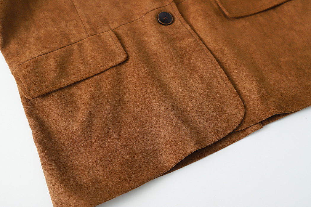 Mid-Length Suede Loose Blazer in Brown