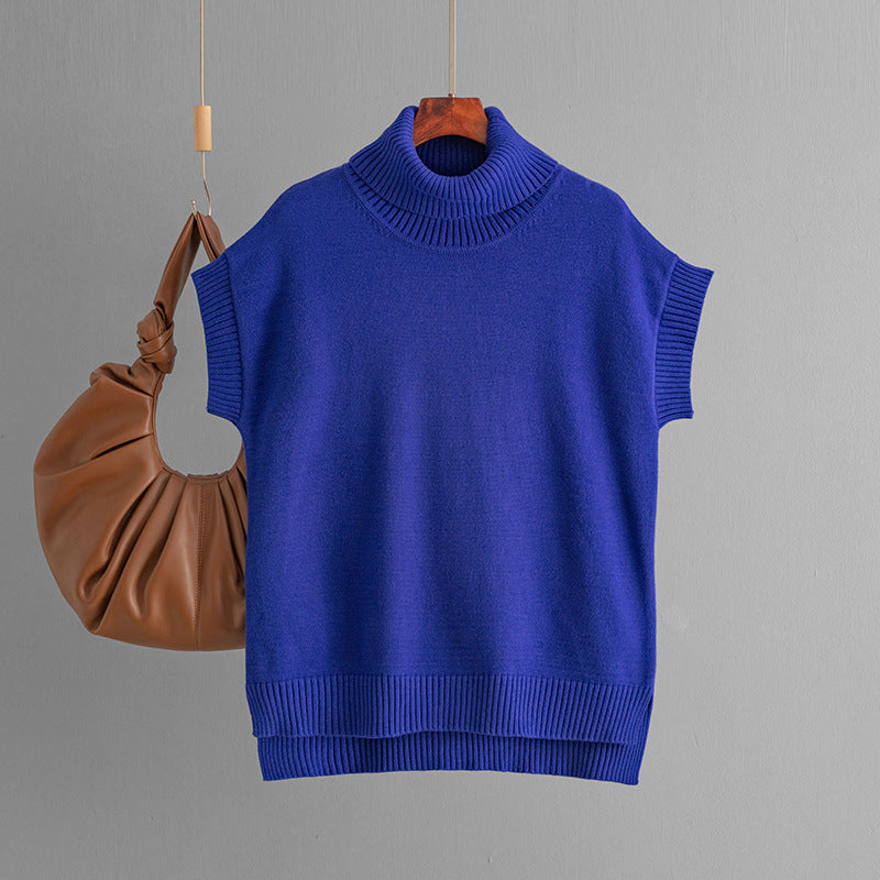 Ärmelloser Pullover mit hohem Halsausschnitt, einfarbig, locker gestrickt, Westentop für Damen
