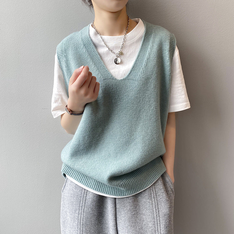 Frühlings-Preppy-V-Ausschnitt, lockere, ärmellose Strickweste für Damen