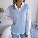 Lässiger Strickwestenpullover mit ausgehöhlten Ausschnitten und V-Ausschnitt für Damen