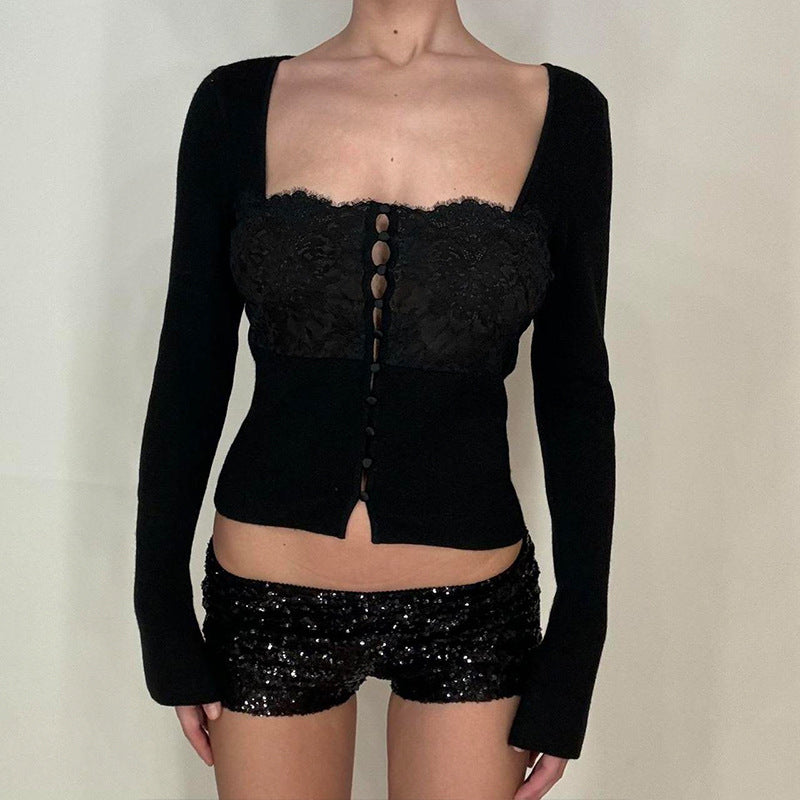 Square Collar Button Cardigan Short Long Sleeve Top for Women
