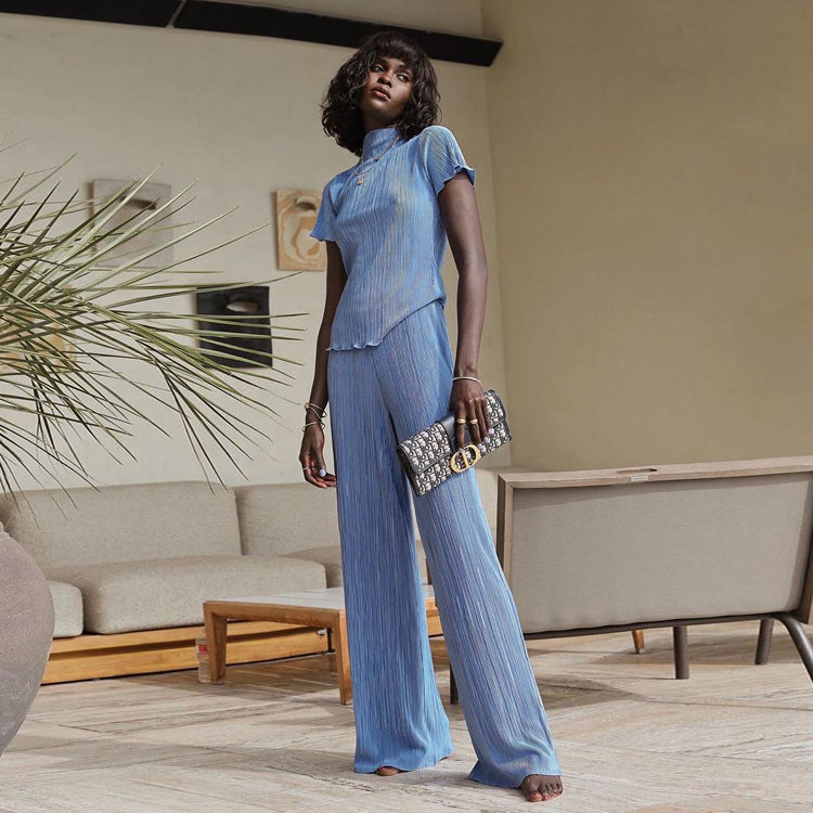 High Waist Blue Wide Leg Pants Suit