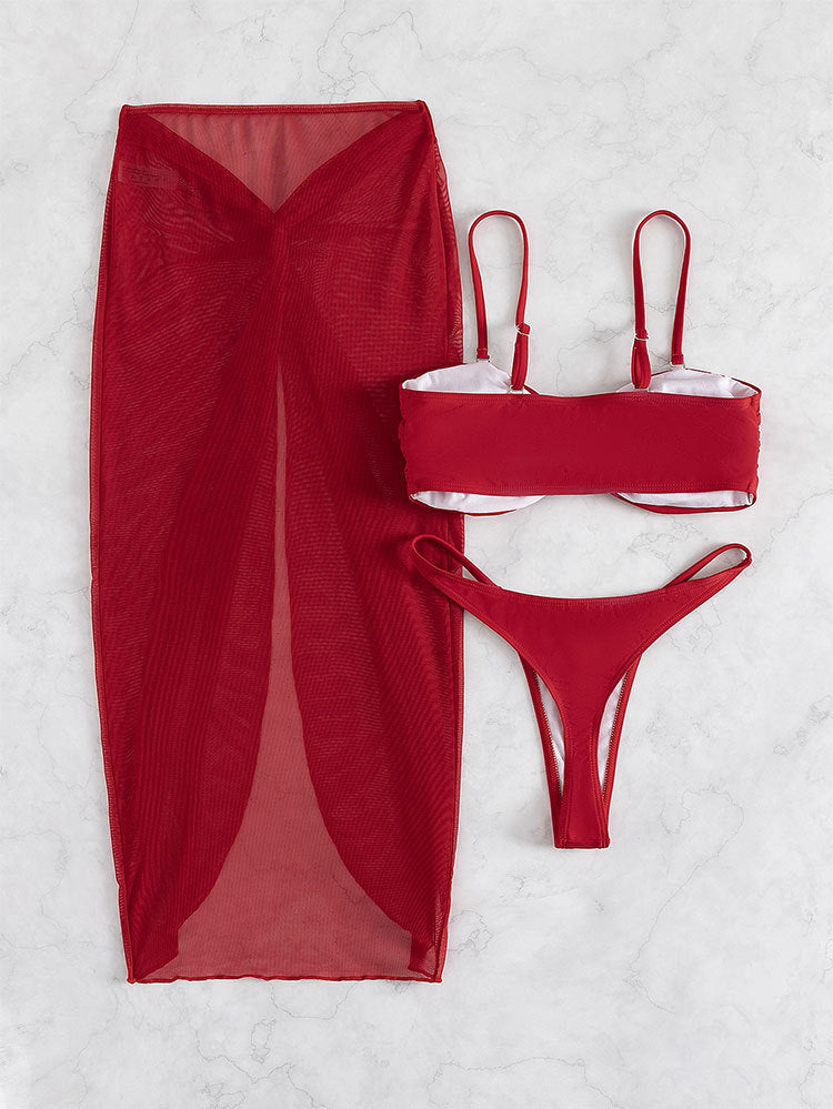 Bikini trois pièces sexy de couleur unie