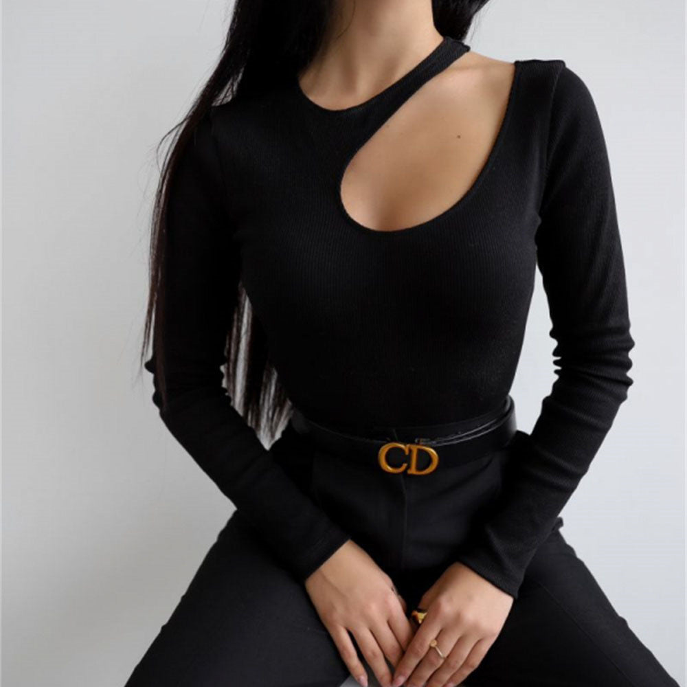 Rippe aushöhlen Ausschnitt Bodysuit Frauen Langarm Sexy Top Abnehmen