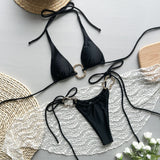 Maillot de bain bikini sexy à nouer et dos nu de couleur unie