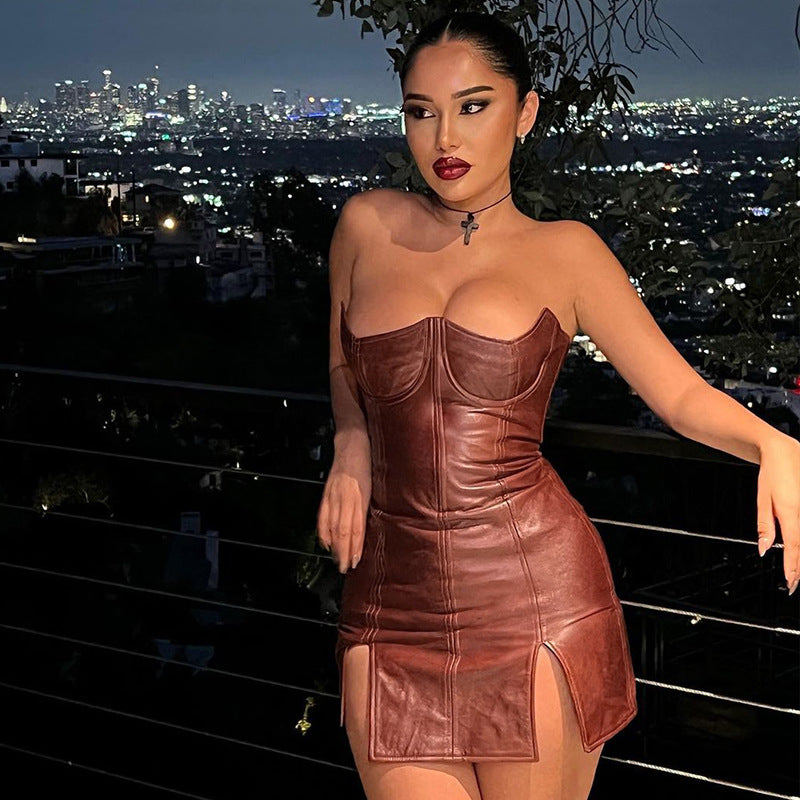Faux Leather Off-Neck Low Cut Sleeveless Backless Sexy Dress