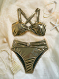 Maillot de bain bikini à bretelles dos nu métallisées