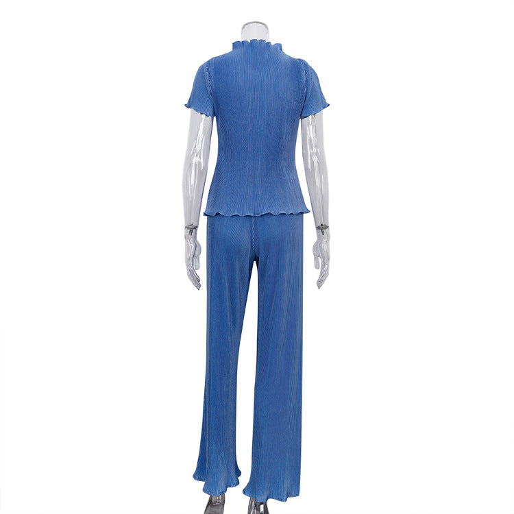 High Waist Blue Wide Leg Pants Suit