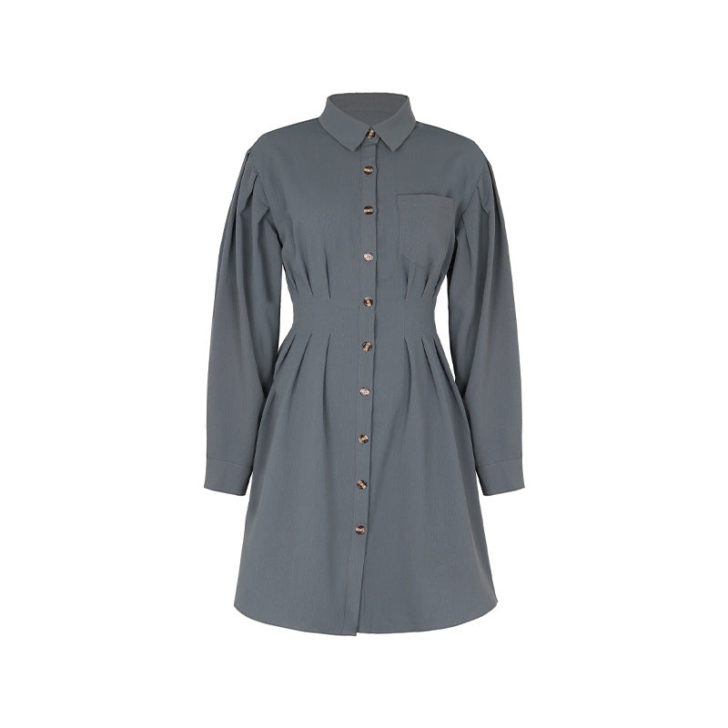 Dark Grey Long Sleeve Solid Color Shirt Dress