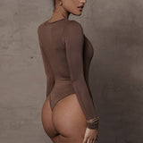Body moulant et sexy à manches longues et col en V pour femme