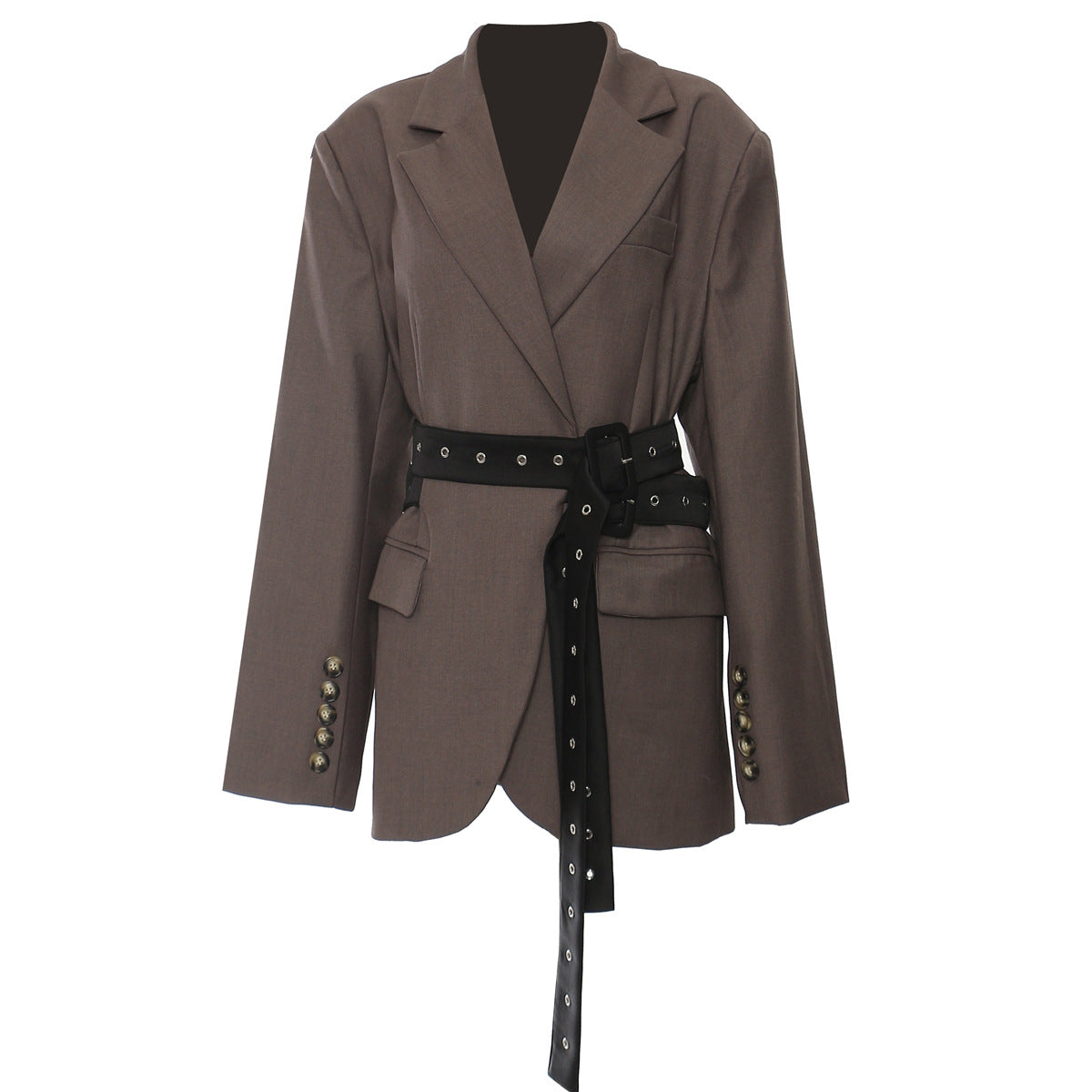 Double Belt Asymmetric Long Blazer Top