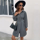 Dark Grey Long Sleeve Solid Color Shirt Dress