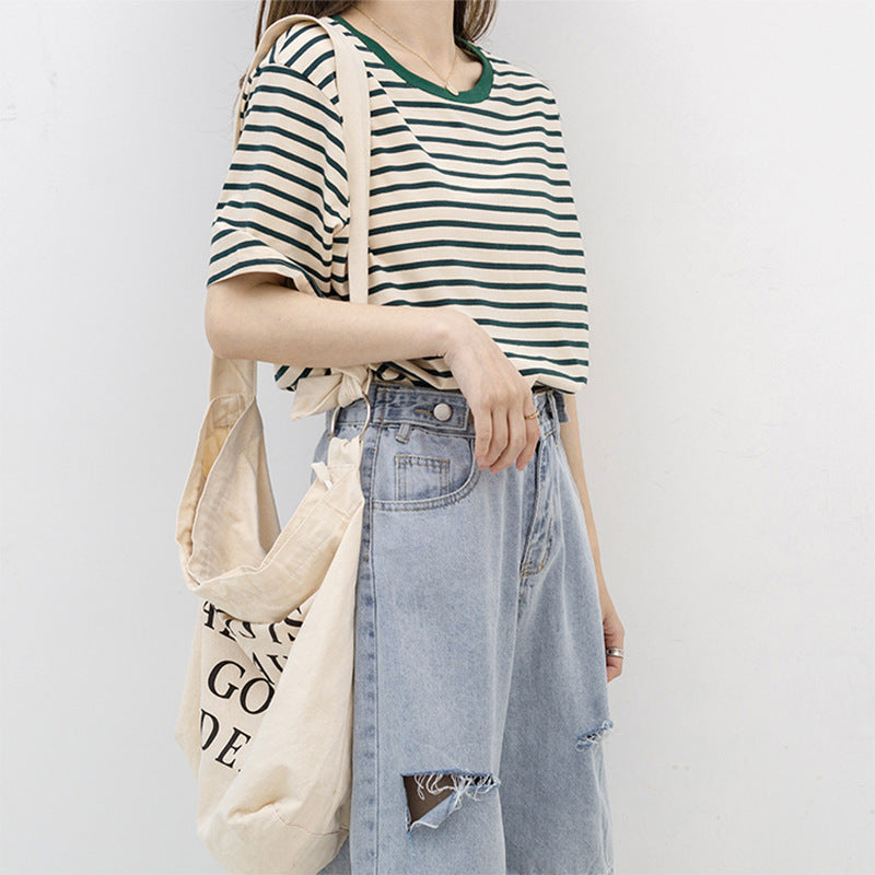 Green Striped Short Sleeve Loose Cotton T-Shirt for Women