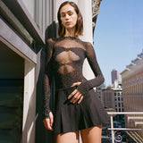 High Elastic Knitted Sheer Long Sleeve Hollow Out Cutout Rhinestone Jumpsuit for Women