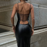 Faux Leather Backless Lace-Up Tight Waist Sheath Split Sling Dress