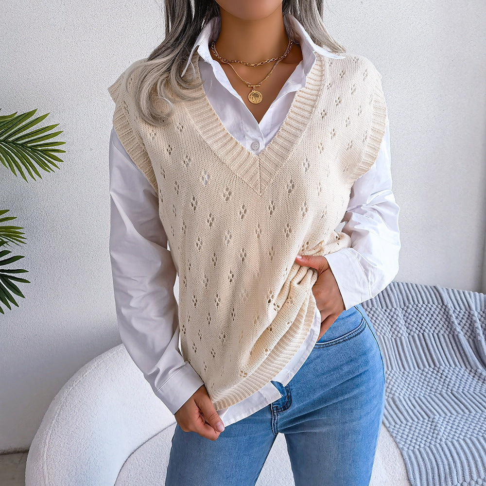 Lässiger Strickwestenpullover mit ausgehöhlten Ausschnitten und V-Ausschnitt für Damen