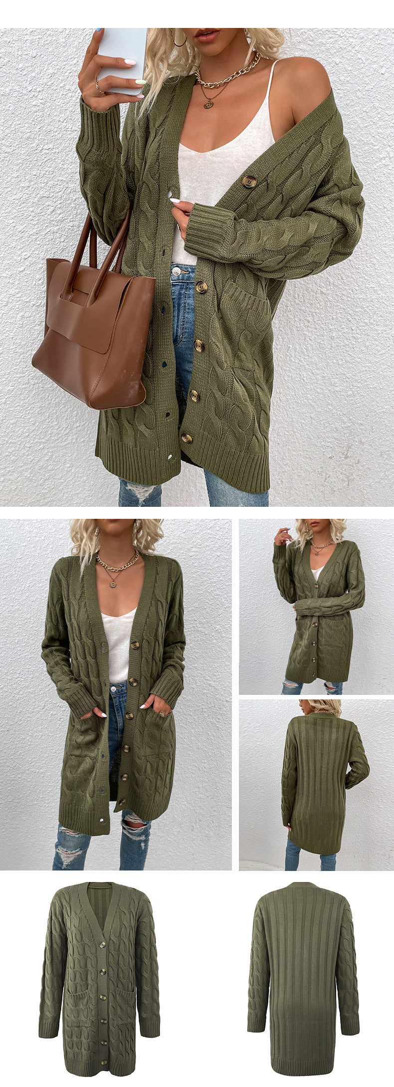 Langer Zopfmuster-Cardigan mit Knöpfen