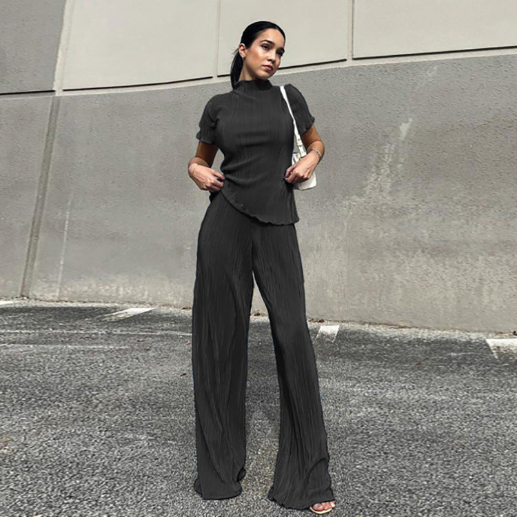 High Waist Blue Wide Leg Pants Suit