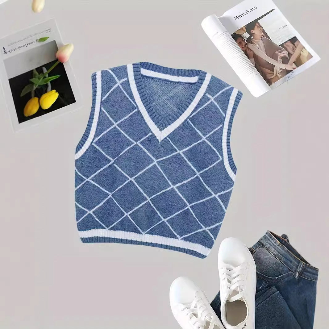 Retro-Oberbekleidung, Strickweste – lockerer Pullover mit V-Ausschnitt, rhombisch, weich, klebrig, Mädchenherz, ärmelloses Westentop für Damen