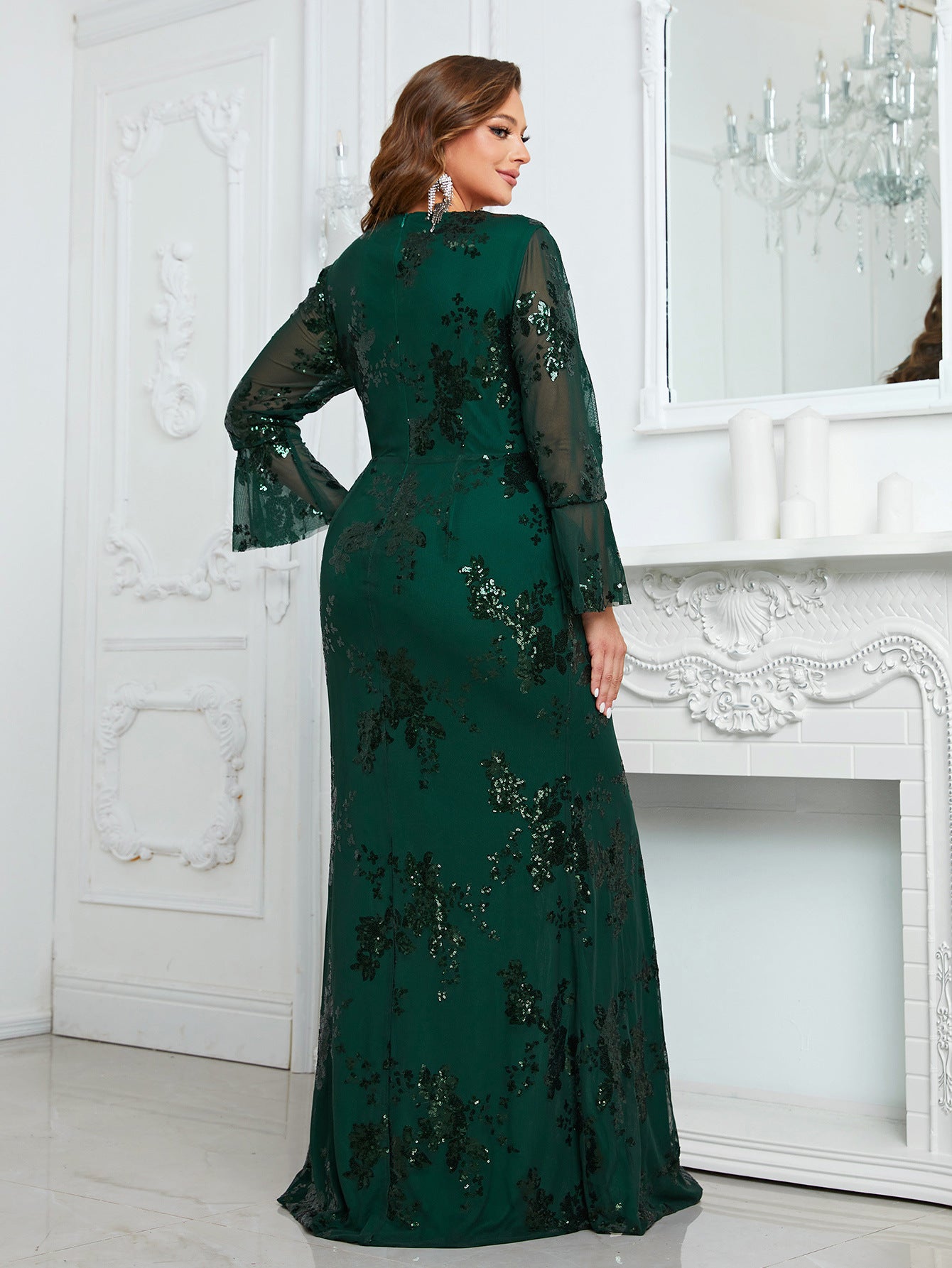 Plus Size Sequined V-neck Evening Dress